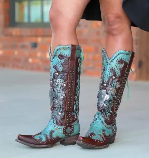 Women's Floral Embroidered Knee High Knight Boots Rivets Western Cowboy Cowgirl Boots 2024 Fashion Trendy Wide Calf Riding Boots Pull on Chunky Heel Boots