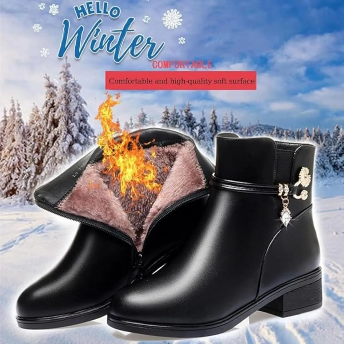 Women's Genuine Leather Wool Orthopedic Boots, Waterproof Orthopedic Warm Boots Winter Warm Fleece Wedge Snow Boots