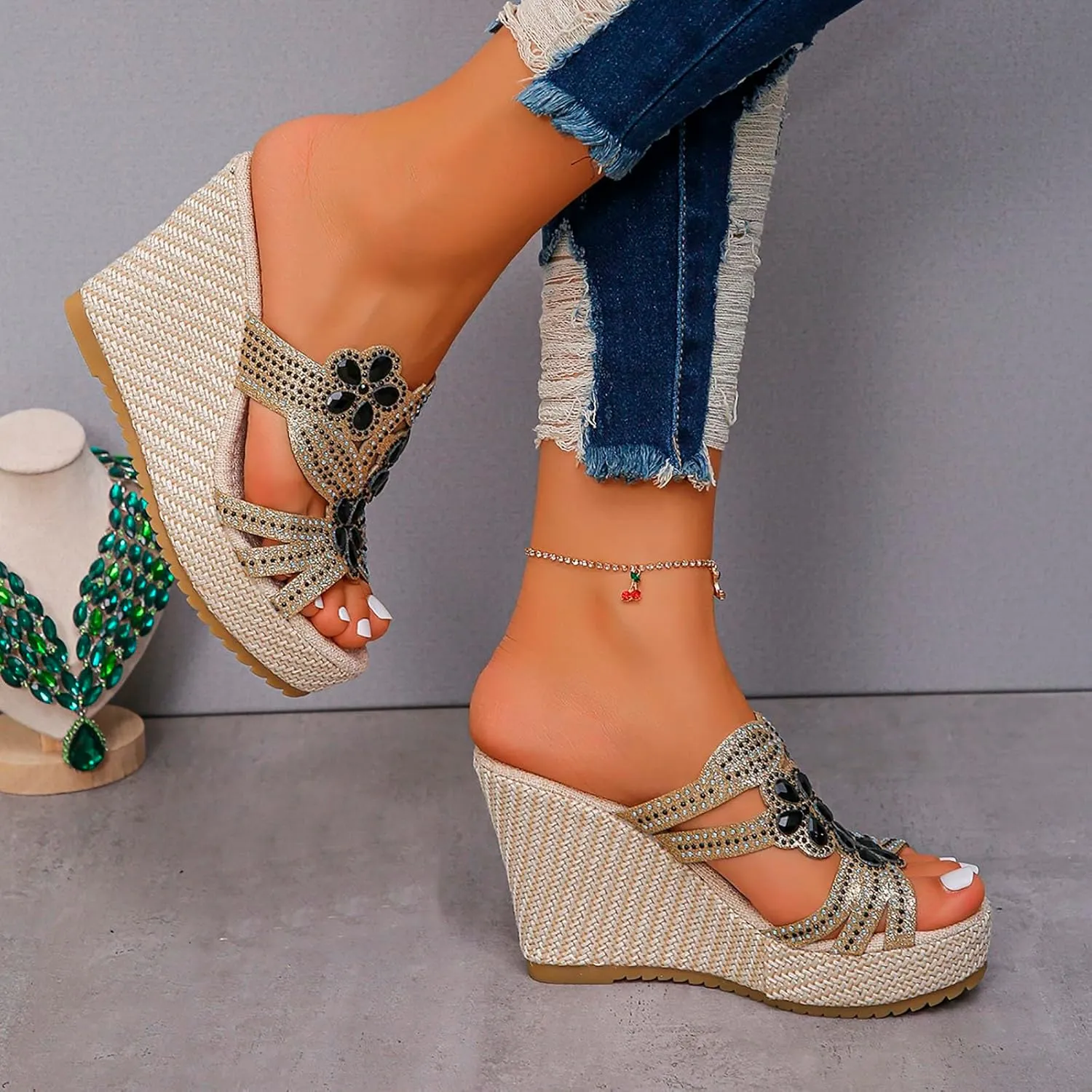 Women's High Heel Wedge Sandals Rhinestone Platform Womens Slides Dressy Open Toe Slip On Mules Summer Shoes Comfortable Ladies Fashion Mid Heels Dress Boho Beach Shoes