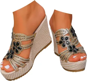 Women's High Heel Wedge Sandals Rhinestone Platform Womens Slides Dressy Open Toe Slip On Mules Summer Shoes Comfortable Ladies Fashion Mid Heels Dress Boho Beach Shoes