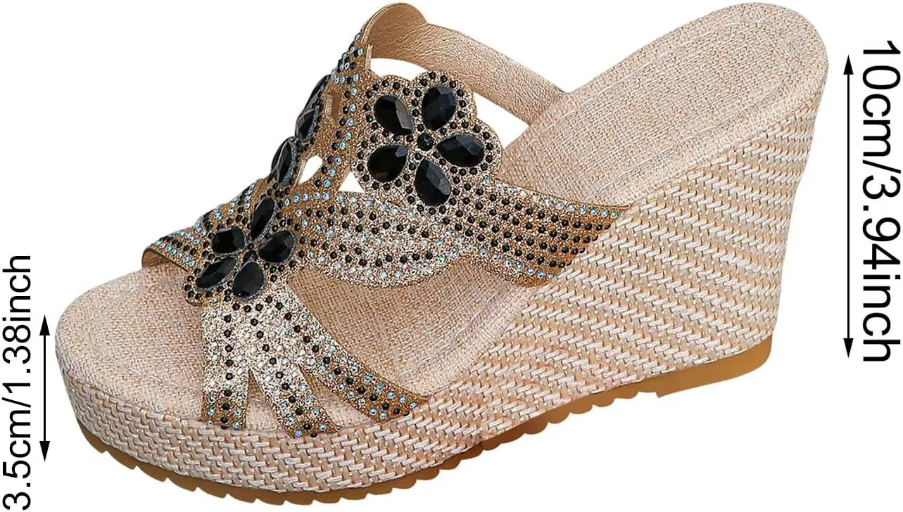 Women's High Heel Wedge Sandals Rhinestone Platform Womens Slides Dressy Open Toe Slip On Mules Summer Shoes Comfortable Ladies Fashion Mid Heels Dress Boho Beach Shoes
