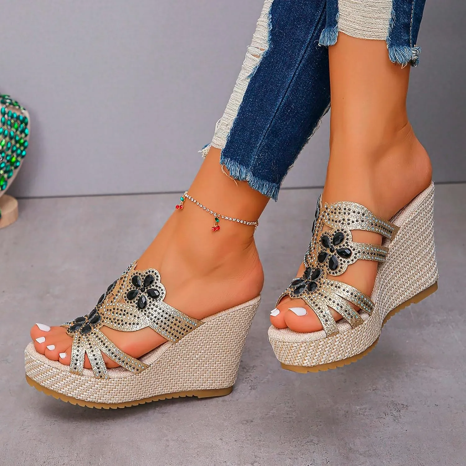 Women's High Heel Wedge Sandals Rhinestone Platform Womens Slides Dressy Open Toe Slip On Mules Summer Shoes Comfortable Ladies Fashion Mid Heels Dress Boho Beach Shoes