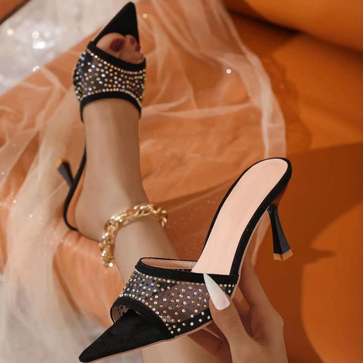 Women's High Heeled Slippers,Women Embellished Rhinestone Tulle Mules Pointed Peep Toe Sparkly Slip On Sandals