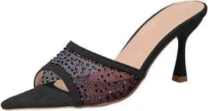 Women's High Heeled Slippers,Women Embellished Rhinestone Tulle Mules Pointed Peep Toe Sparkly Slip On Sandals
