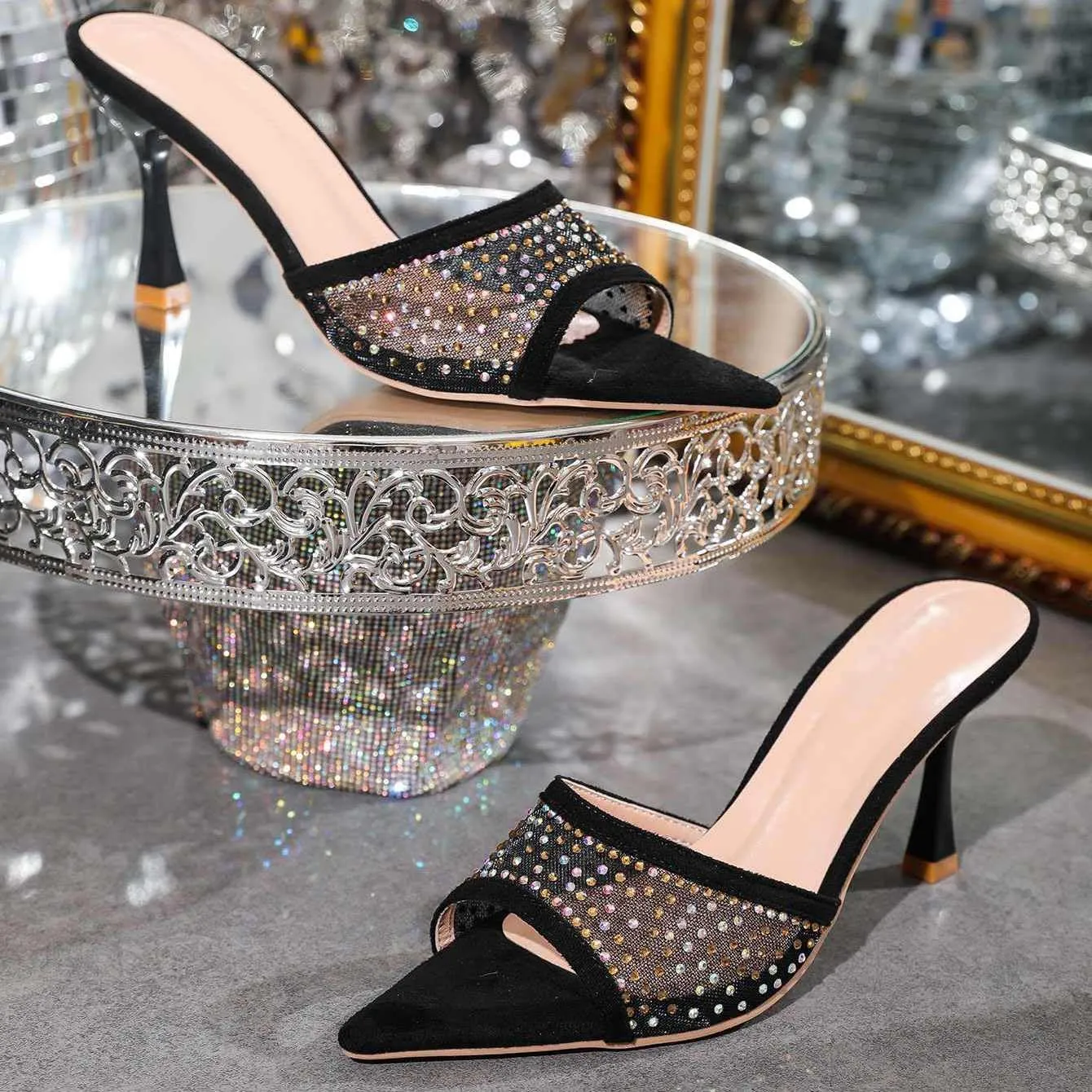 Women's High Heeled Slippers,Women Embellished Rhinestone Tulle Mules Pointed Peep Toe Sparkly Slip On Sandals