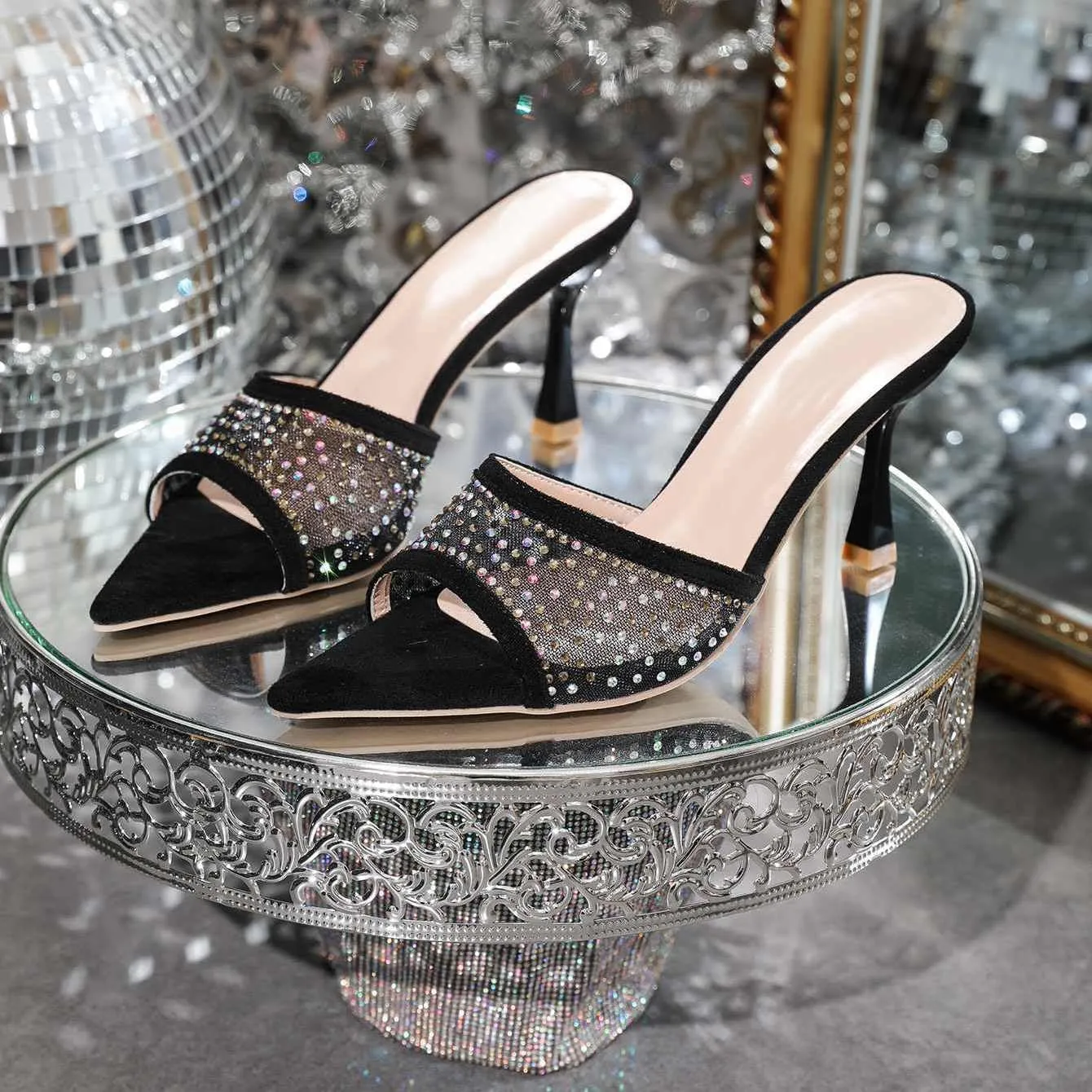 Women's High Heeled Slippers,Women Embellished Rhinestone Tulle Mules Pointed Peep Toe Sparkly Slip On Sandals