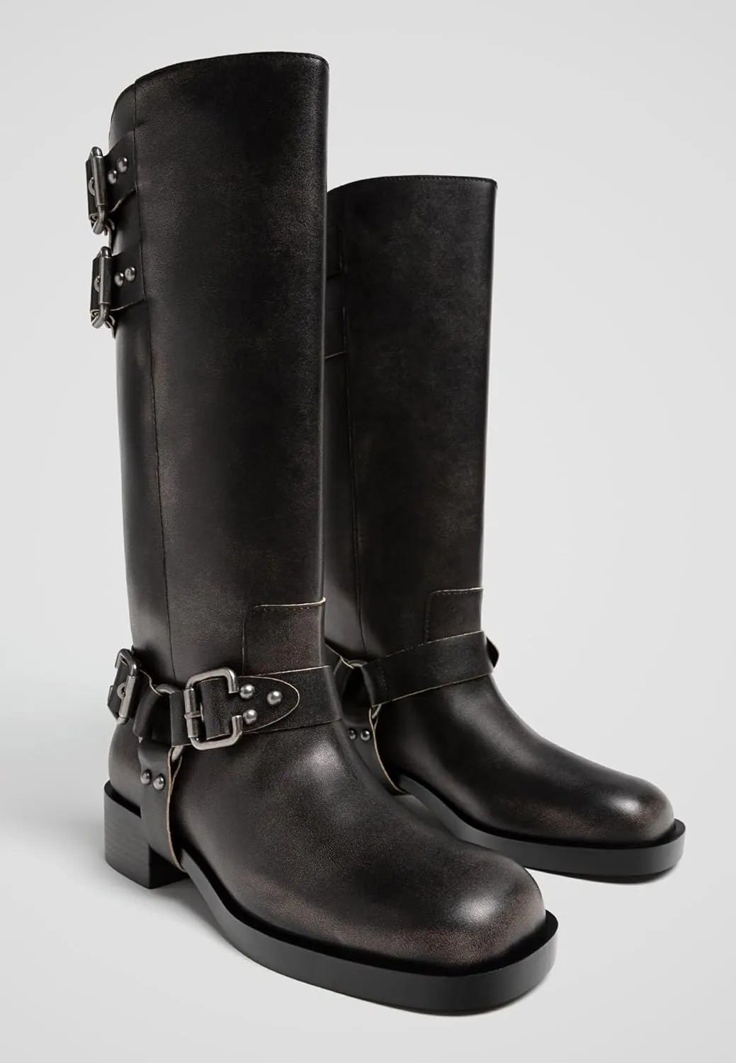 Women's Knee High Adjustable Riding Boots Muti Buckle Strap Square Toe Wedge Boots For Women Motorcycle Punk Pull On Boots