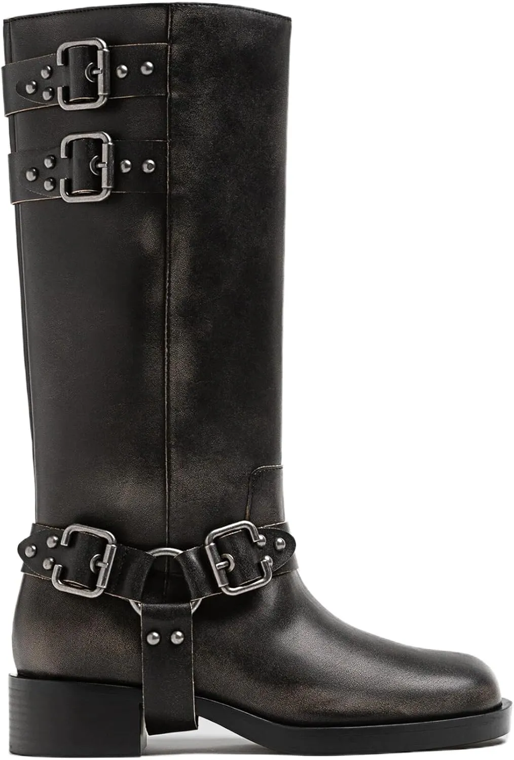 Women's Knee High Adjustable Riding Boots Muti Buckle Strap Square Toe Wedge Boots For Women Motorcycle Punk Pull On Boots