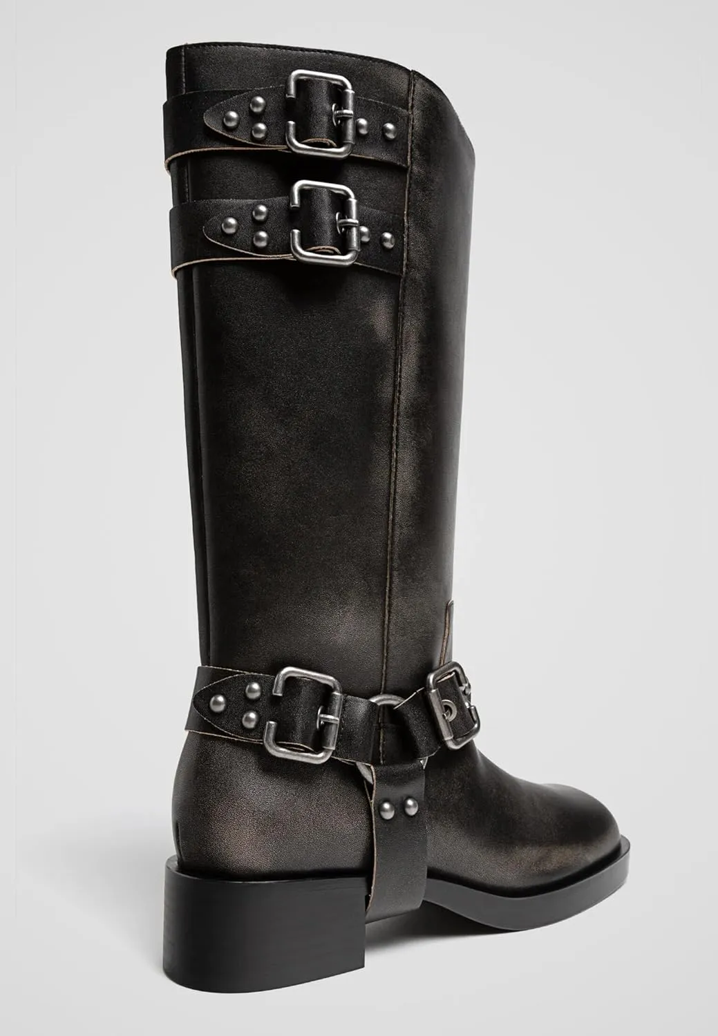 Women's Knee High Adjustable Riding Boots Muti Buckle Strap Square Toe Wedge Boots For Women Motorcycle Punk Pull On Boots