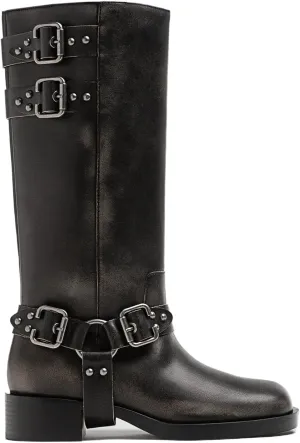 Women's Knee High Adjustable Riding Boots Muti Buckle Strap Square Toe Wedge Boots For Women Motorcycle Punk Pull On Boots