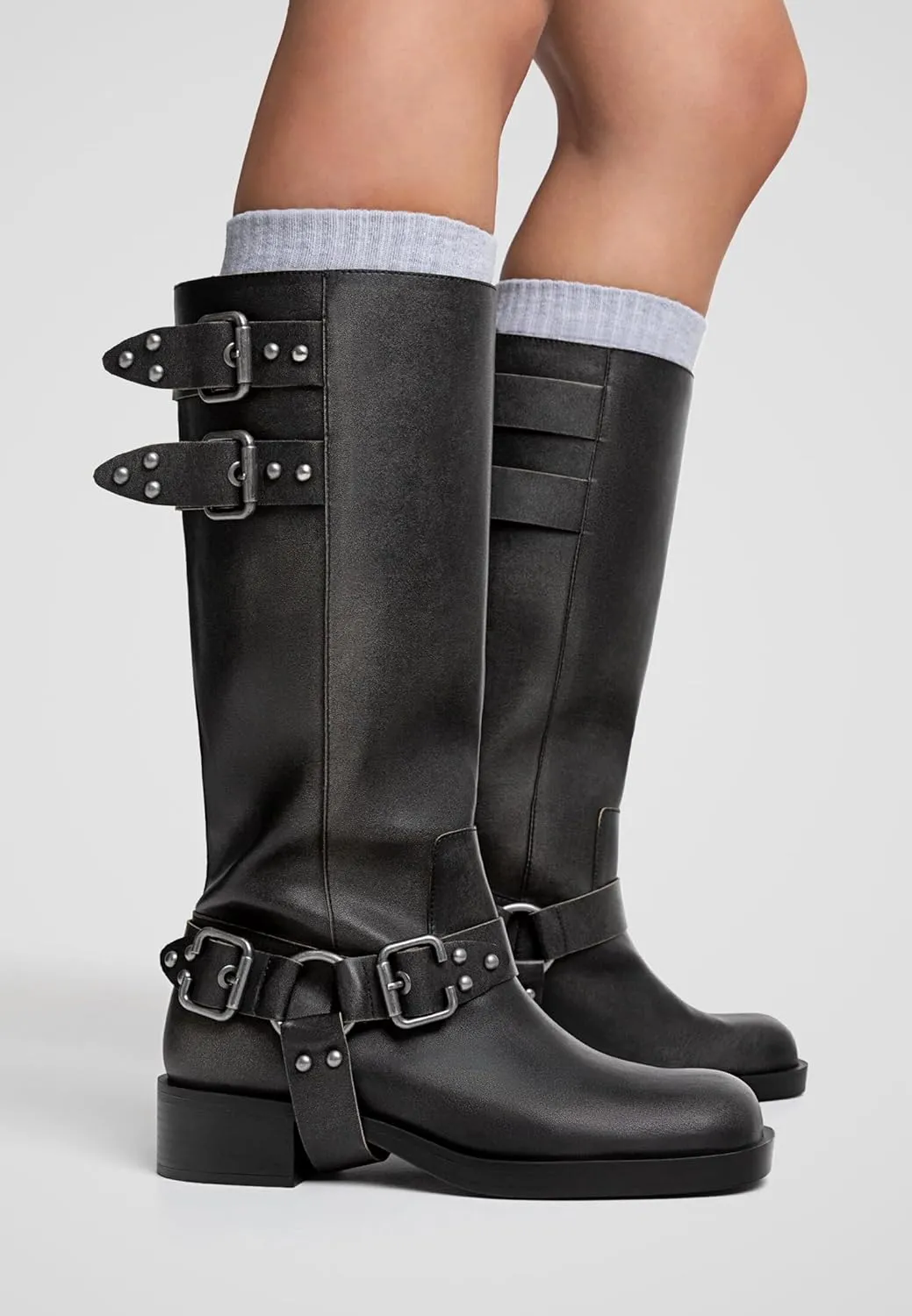 Women's Knee High Adjustable Riding Boots Muti Buckle Strap Square Toe Wedge Boots For Women Motorcycle Punk Pull On Boots