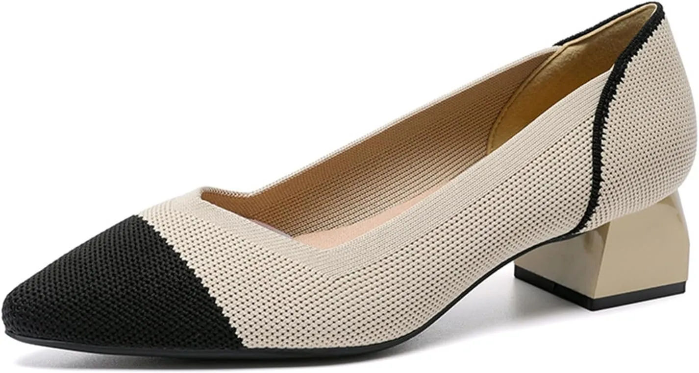 Women's Knit Mesh Block Heel Pumps Pointed Closed Toe Fashion Splicing Slip-On Pumps Outdoor Office Party Dress Shoes