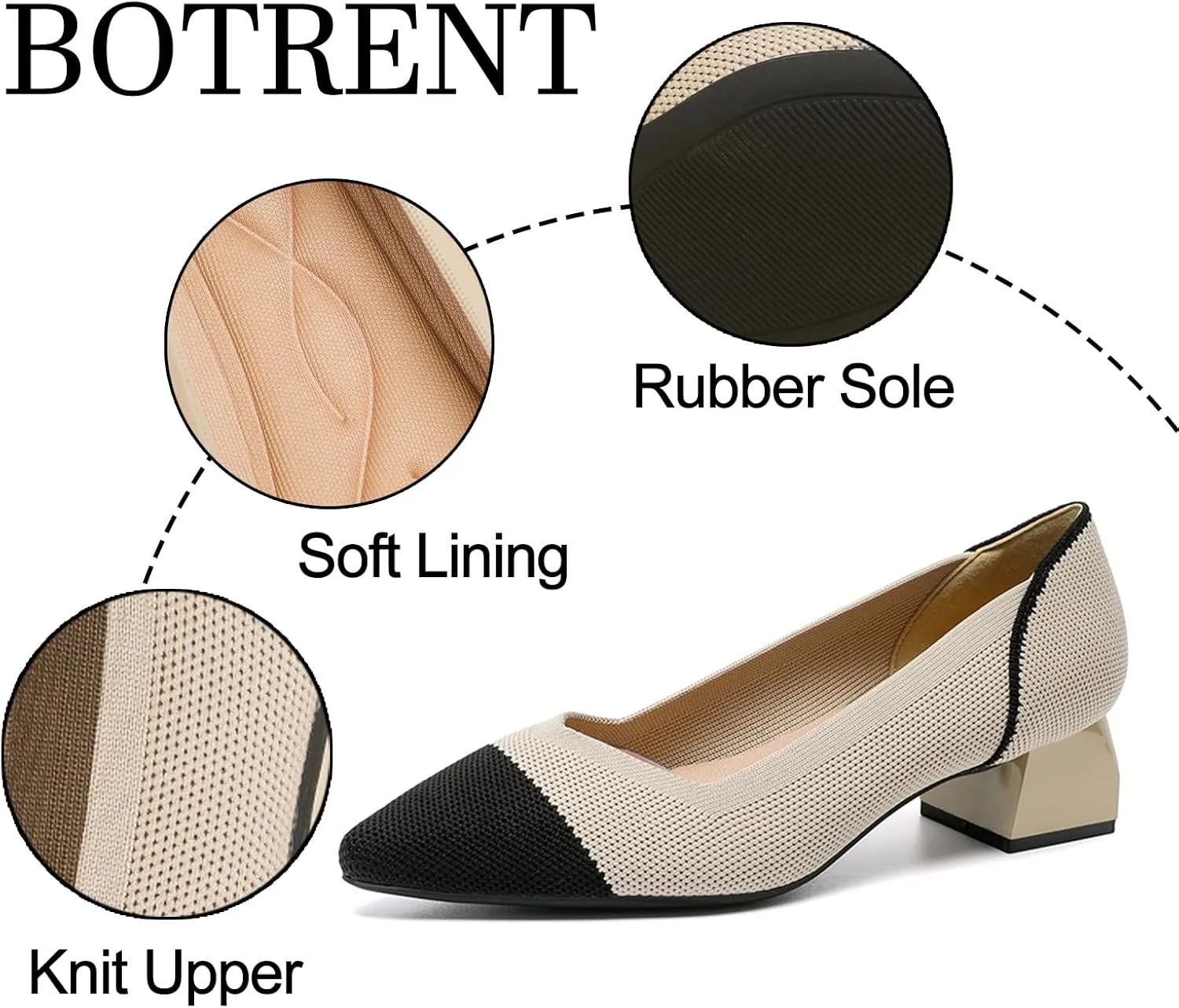 Women's Knit Mesh Block Heel Pumps Pointed Closed Toe Fashion Splicing Slip-On Pumps Outdoor Office Party Dress Shoes