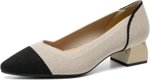 Women's Knit Mesh Block Heel Pumps Pointed Closed Toe Fashion Splicing Slip-On Pumps Outdoor Office Party Dress Shoes