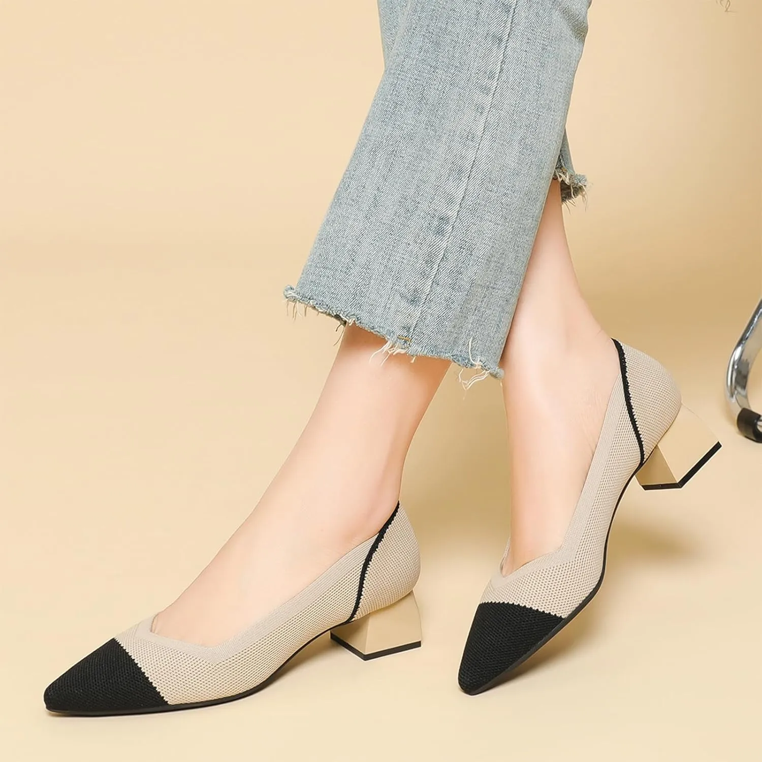 Women's Knit Mesh Block Heel Pumps Pointed Closed Toe Fashion Splicing Slip-On Pumps Outdoor Office Party Dress Shoes