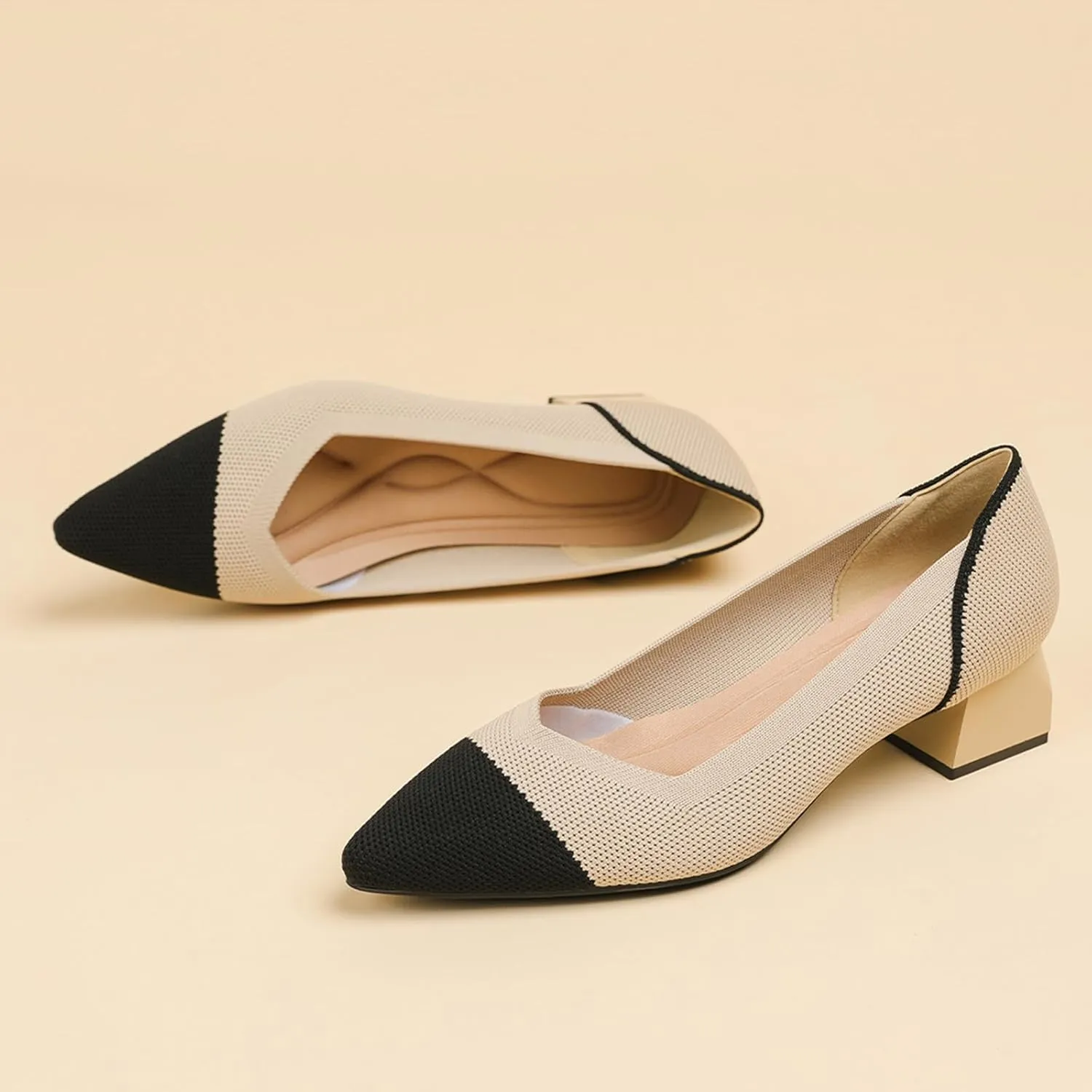 Women's Knit Mesh Block Heel Pumps Pointed Closed Toe Fashion Splicing Slip-On Pumps Outdoor Office Party Dress Shoes