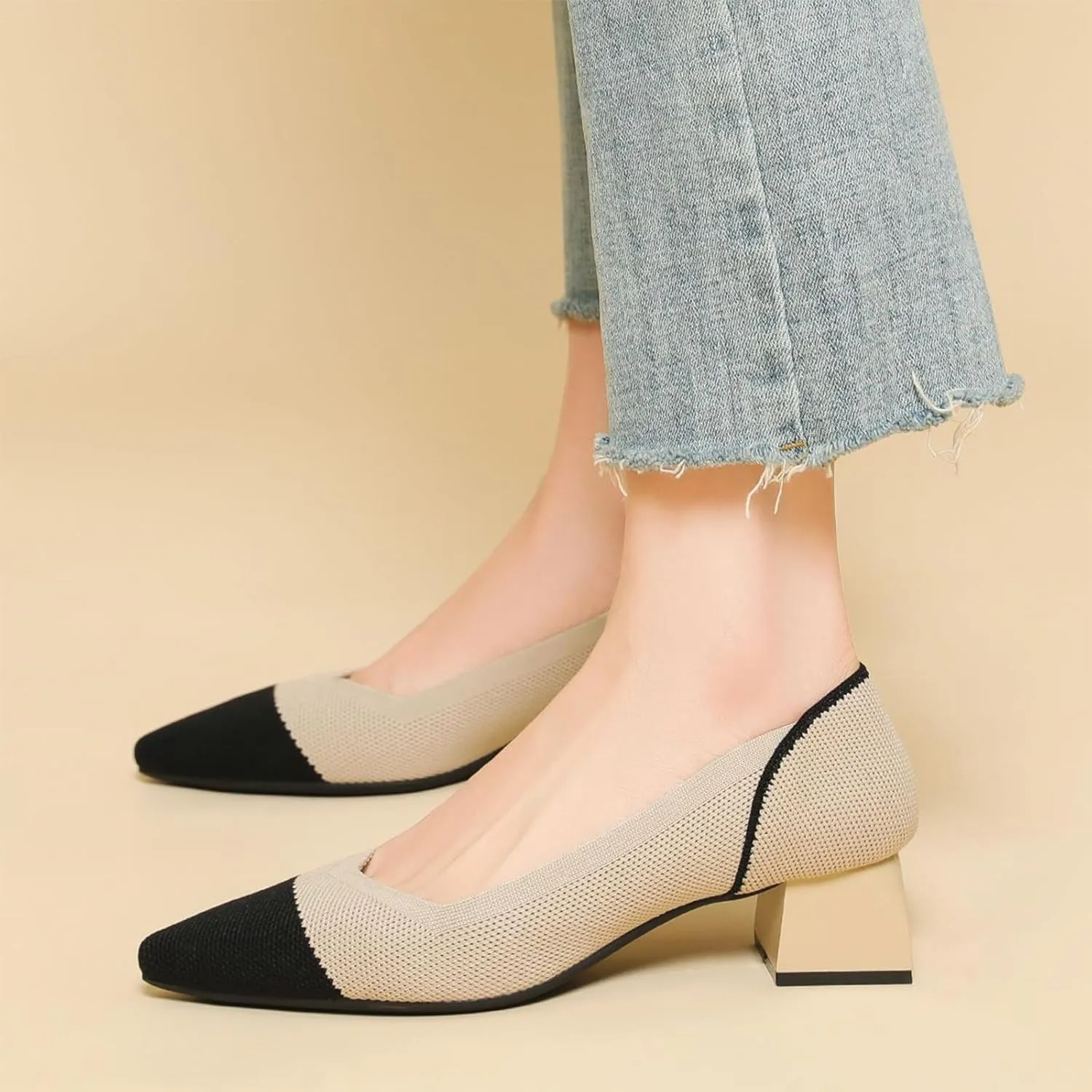 Women's Knit Mesh Block Heel Pumps Pointed Closed Toe Fashion Splicing Slip-On Pumps Outdoor Office Party Dress Shoes