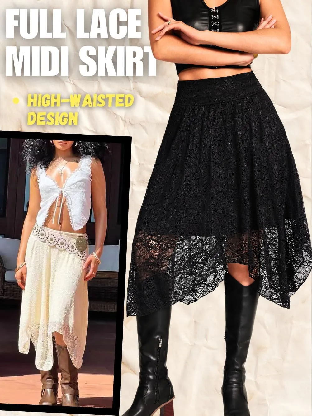 Women's Lace Midi Skirt, Lining Layer Flowy Goth Renaissance Skirts, Country Concert Outfits Steampunk Music Festival