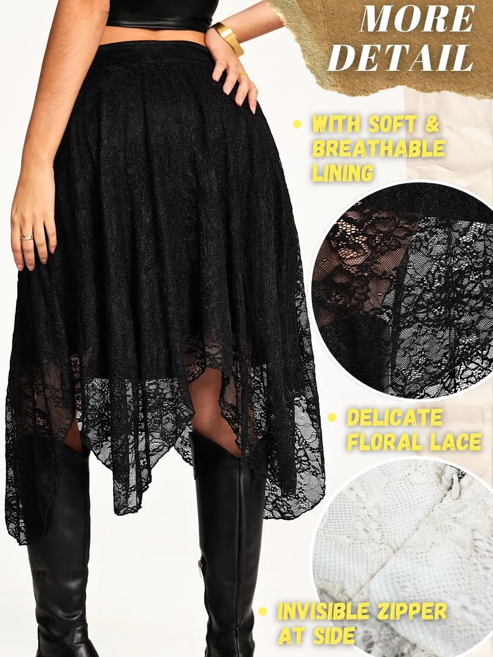 Women's Lace Midi Skirt, Lining Layer Flowy Goth Renaissance Skirts, Country Concert Outfits Steampunk Music Festival