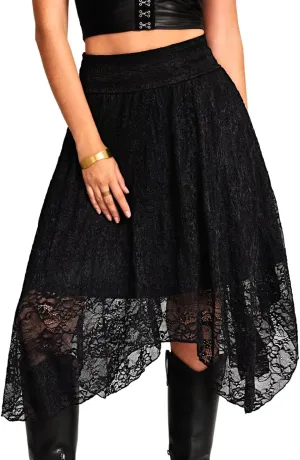 Women's Lace Midi Skirt, Lining Layer Flowy Goth Renaissance Skirts, Country Concert Outfits Steampunk Music Festival