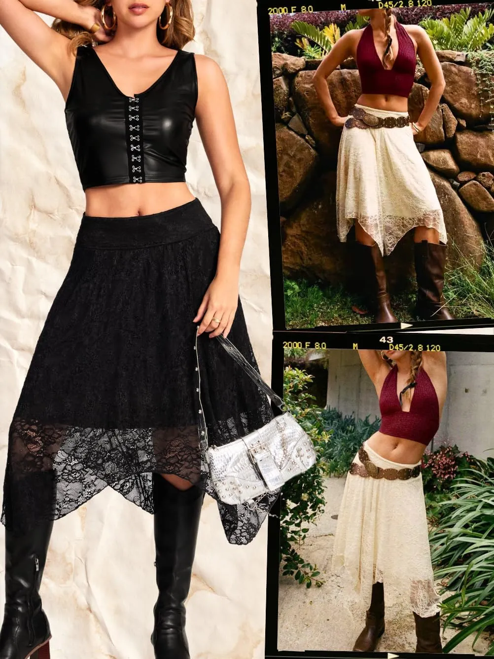 Women's Lace Midi Skirt, Lining Layer Flowy Goth Renaissance Skirts, Country Concert Outfits Steampunk Music Festival