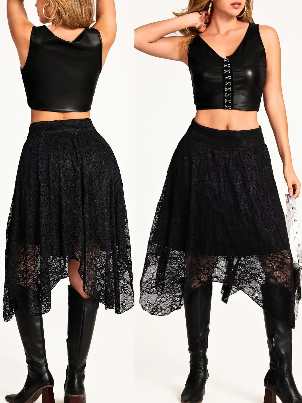 Women's Lace Midi Skirt, Lining Layer Flowy Goth Renaissance Skirts, Country Concert Outfits Steampunk Music Festival
