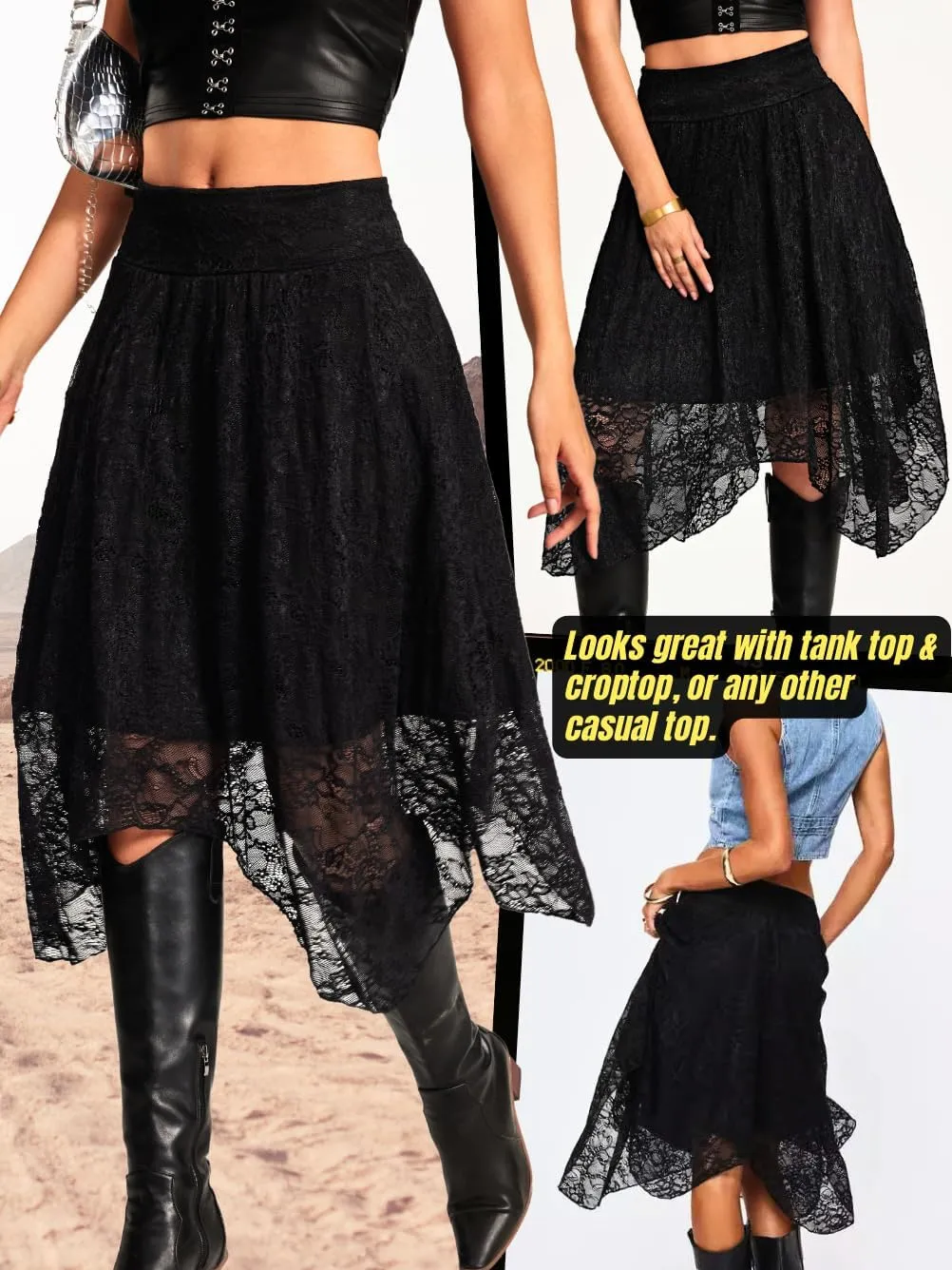 Women's Lace Midi Skirt, Lining Layer Flowy Goth Renaissance Skirts, Country Concert Outfits Steampunk Music Festival