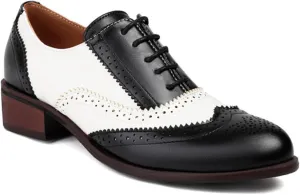 Women's Leather Perforated Lace-up Oxfords Classic Patchwork Color Wingtip Flat Brogues Shoes Round Toe Comfortable Derby Saddle Pumps