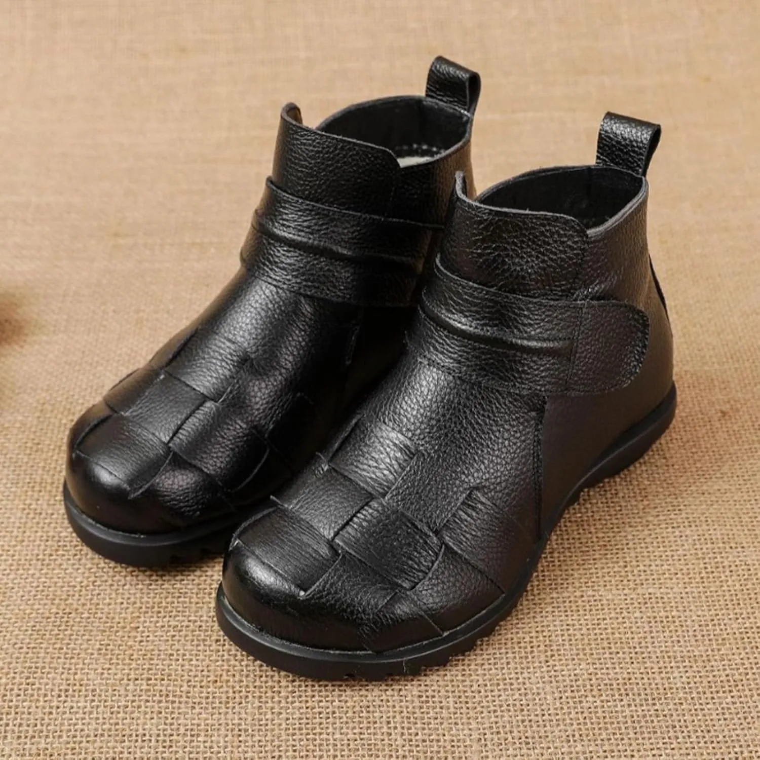 Women'S Leather Plush Hook & Loop Woven Ankle Boots,Winter Comfort Non-Slip Soft Sole Casual Warm High Top Short Booties,Fashion Retro Low Wedge Round Toe Dress Boots,