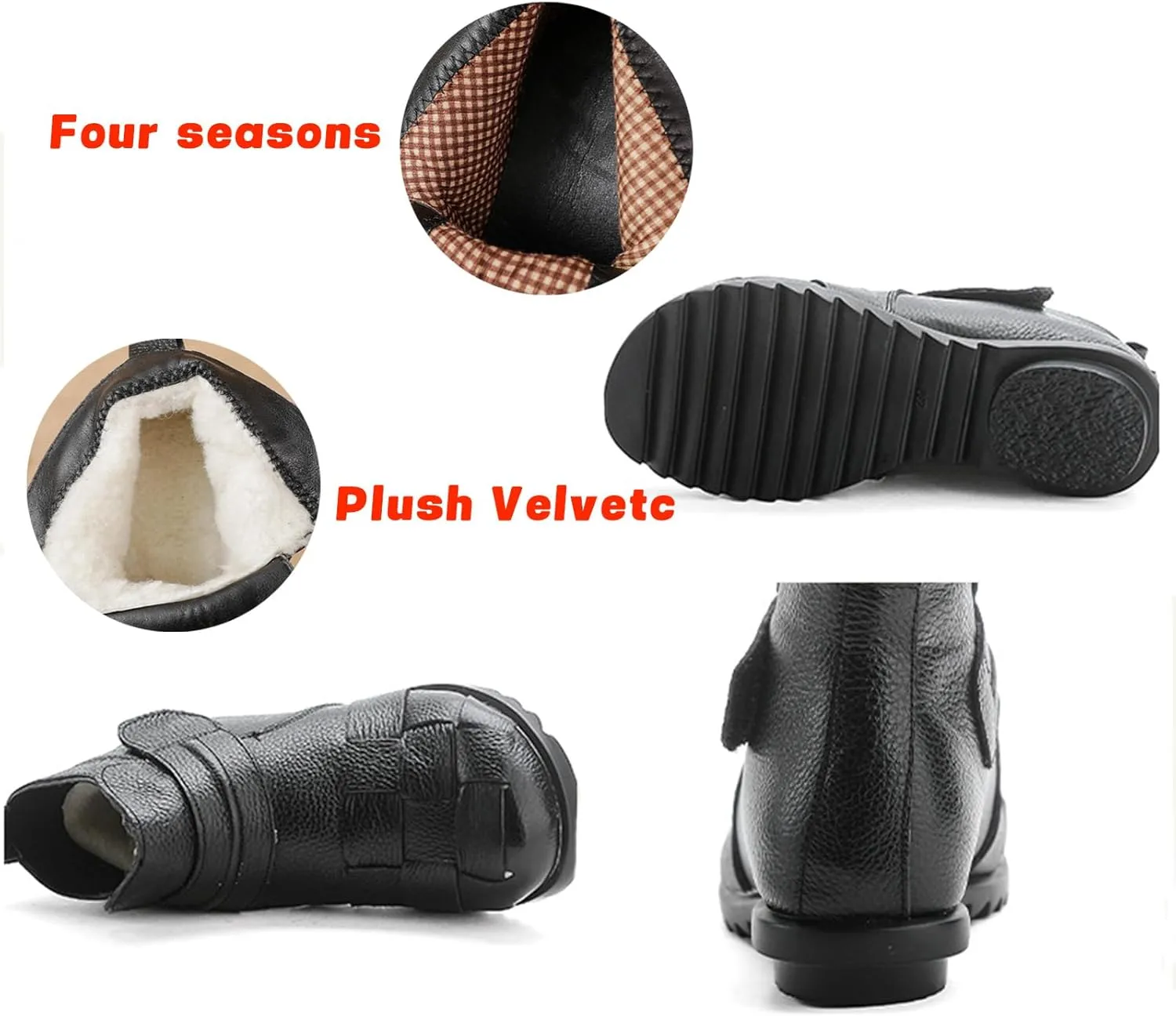 Women'S Leather Plush Hook & Loop Woven Ankle Boots,Winter Comfort Non-Slip Soft Sole Casual Warm High Top Short Booties,Fashion Retro Low Wedge Round Toe Dress Boots,