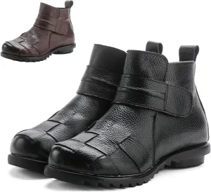 Women'S Leather Plush Hook & Loop Woven Ankle Boots,Winter Comfort Non-Slip Soft Sole Casual Warm High Top Short Booties,Fashion Retro Low Wedge Round Toe Dress Boots,