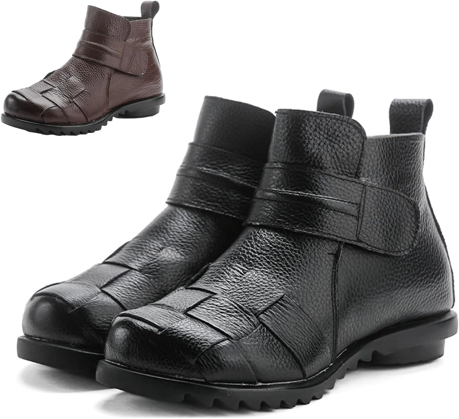 Women'S Leather Plush Hook & Loop Woven Ankle Boots,Winter Comfort Non-Slip Soft Sole Casual Warm High Top Short Booties,Fashion Retro Low Wedge Round Toe Dress Boots,
