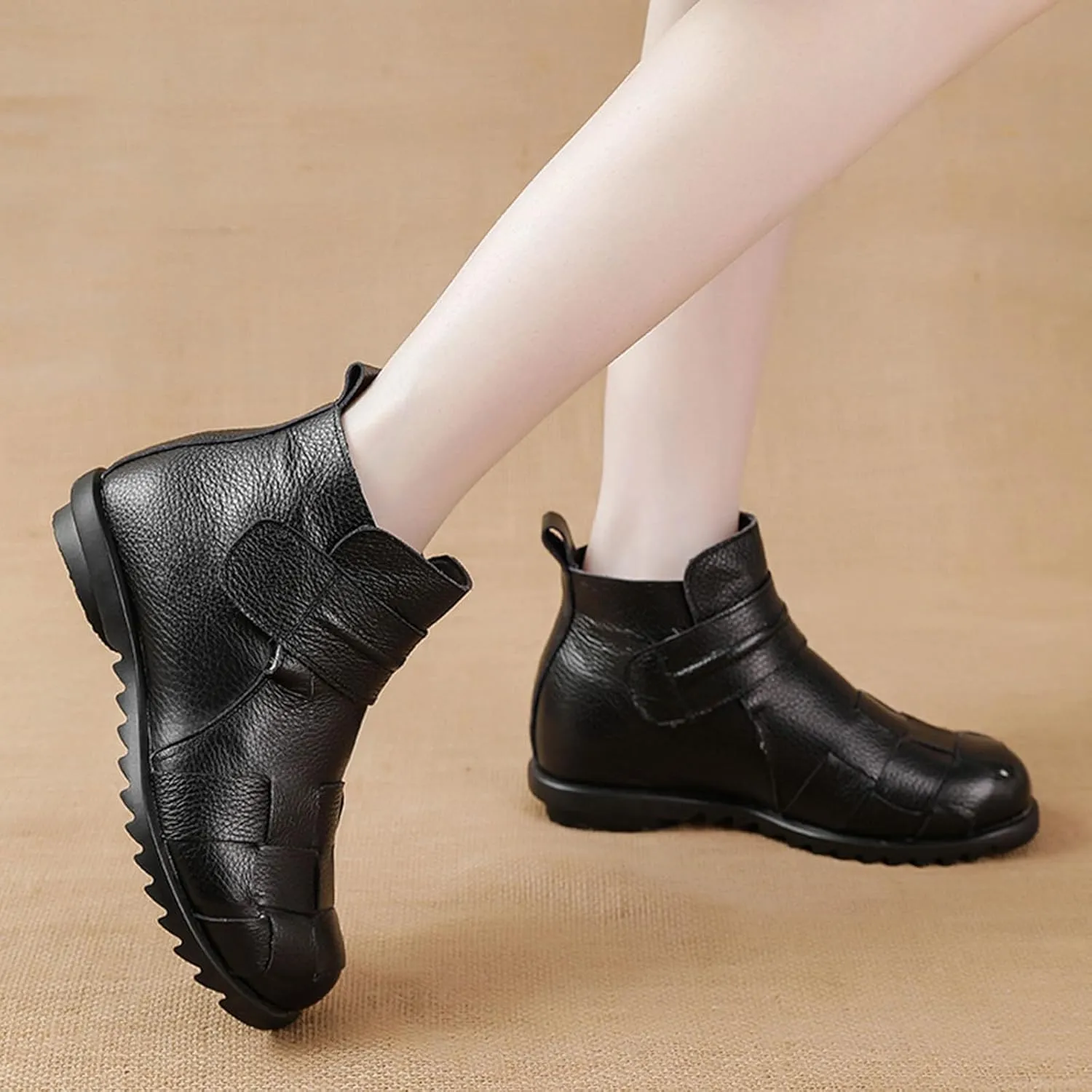 Women'S Leather Plush Hook & Loop Woven Ankle Boots,Winter Comfort Non-Slip Soft Sole Casual Warm High Top Short Booties,Fashion Retro Low Wedge Round Toe Dress Boots,