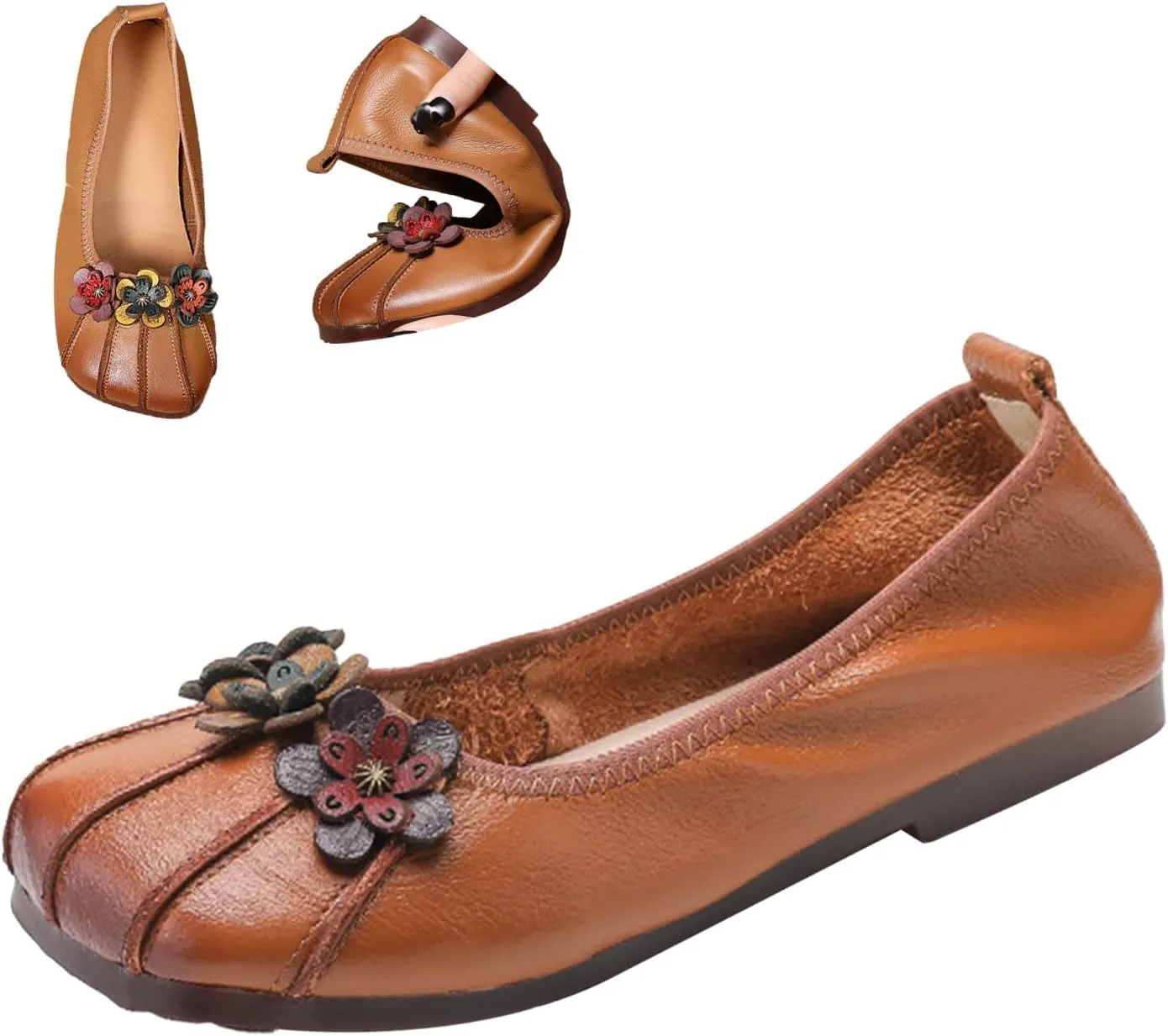 Women's Leather Square Toe Flats,Slip-On Vintage Comfort Non-Slip Soft Sole Flowers Oxford Dressy Casual Ballet Shoes