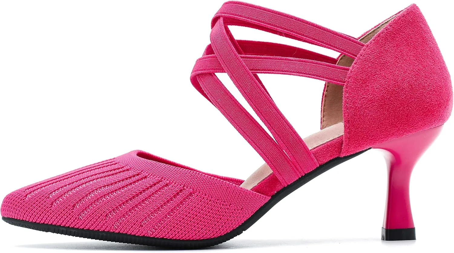 Women's Low Kitten Heels Knit Pumps Elastic Crisscross Ankle Strap Slip On Dress Shoes