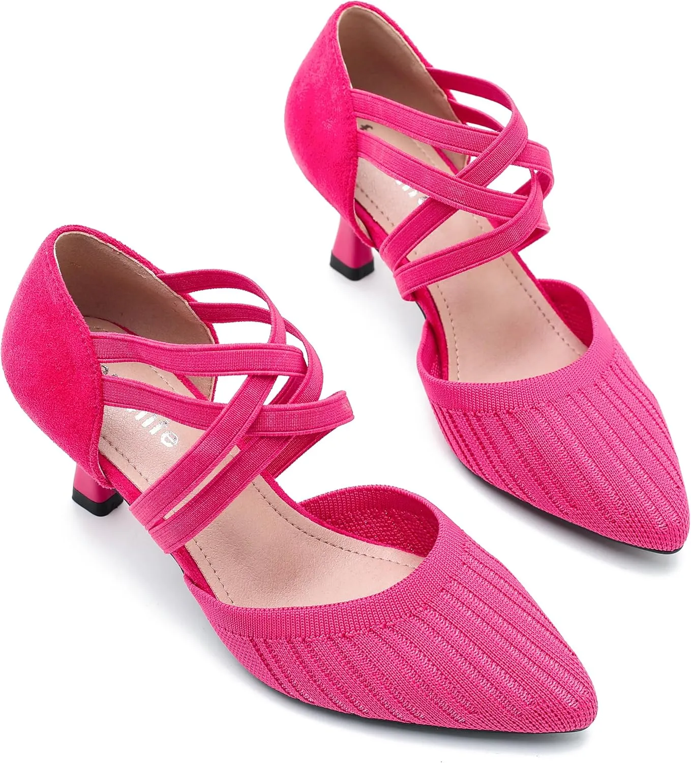 Women's Low Kitten Heels Knit Pumps Elastic Crisscross Ankle Strap Slip On Dress Shoes