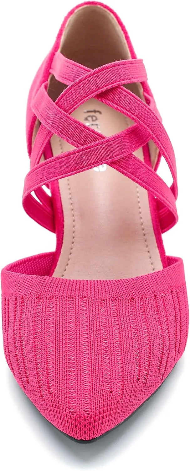 Women's Low Kitten Heels Knit Pumps Elastic Crisscross Ankle Strap Slip On Dress Shoes