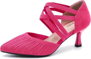 Women's Low Kitten Heels Knit Pumps Elastic Crisscross Ankle Strap Slip On Dress Shoes