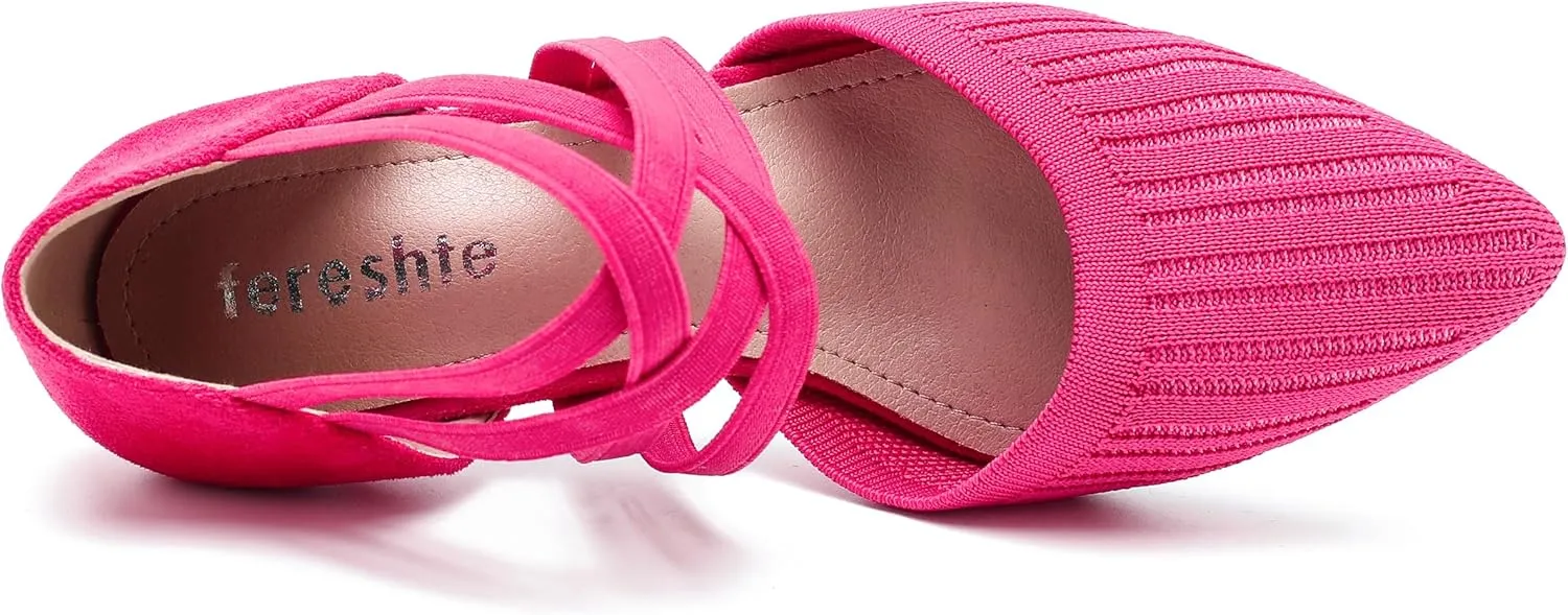 Women's Low Kitten Heels Knit Pumps Elastic Crisscross Ankle Strap Slip On Dress Shoes