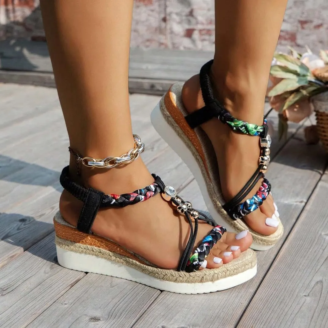 Womens Low Wedge Heels Sandals Shoes,Wide Width Platform Wedge Sandals for Women Summer Dressy,Comfort Walking Non Slip Casual Summer Beach Sandals Ankle Elastic Bohemian Woven Sandals