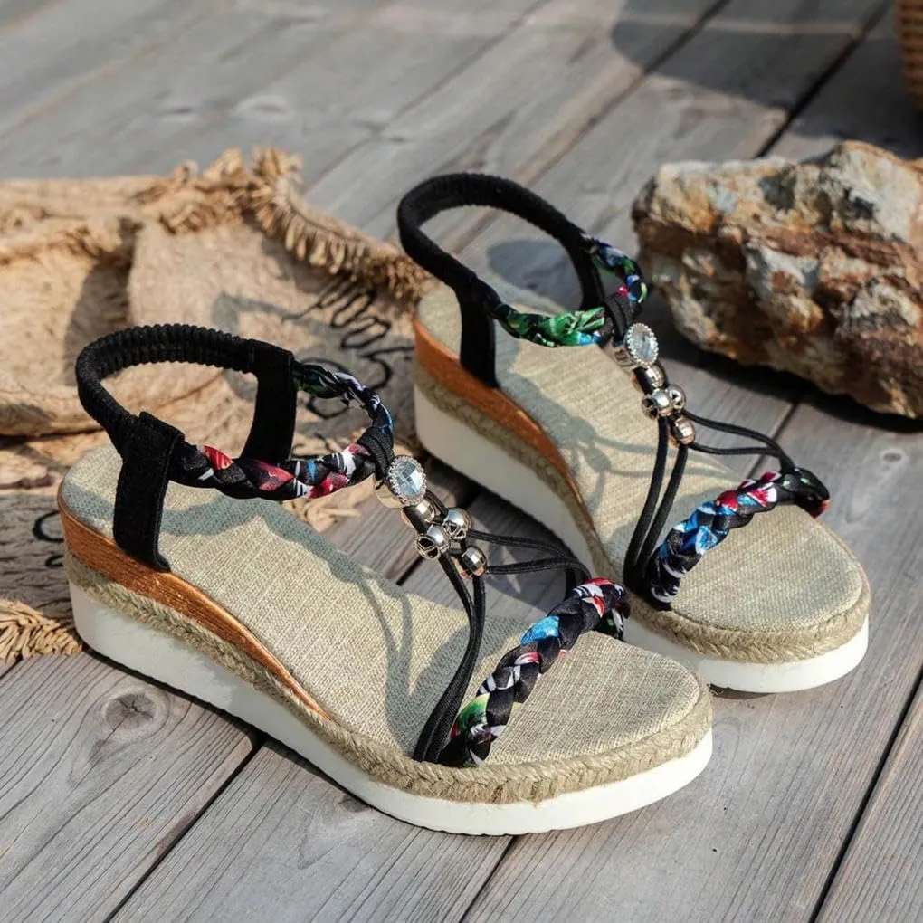 Womens Low Wedge Heels Sandals Shoes,Wide Width Platform Wedge Sandals for Women Summer Dressy,Comfort Walking Non Slip Casual Summer Beach Sandals Ankle Elastic Bohemian Woven Sandals