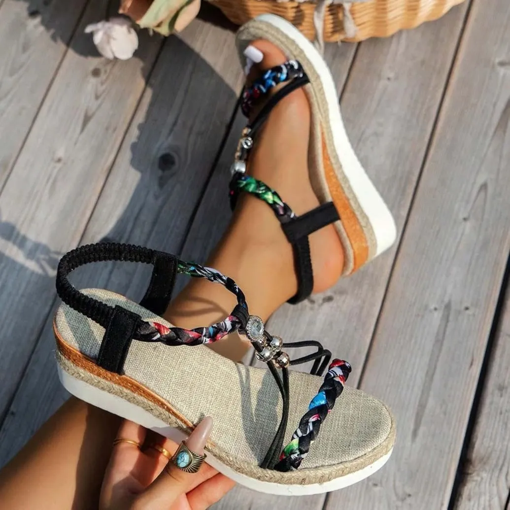 Womens Low Wedge Heels Sandals Shoes,Wide Width Platform Wedge Sandals for Women Summer Dressy,Comfort Walking Non Slip Casual Summer Beach Sandals Ankle Elastic Bohemian Woven Sandals