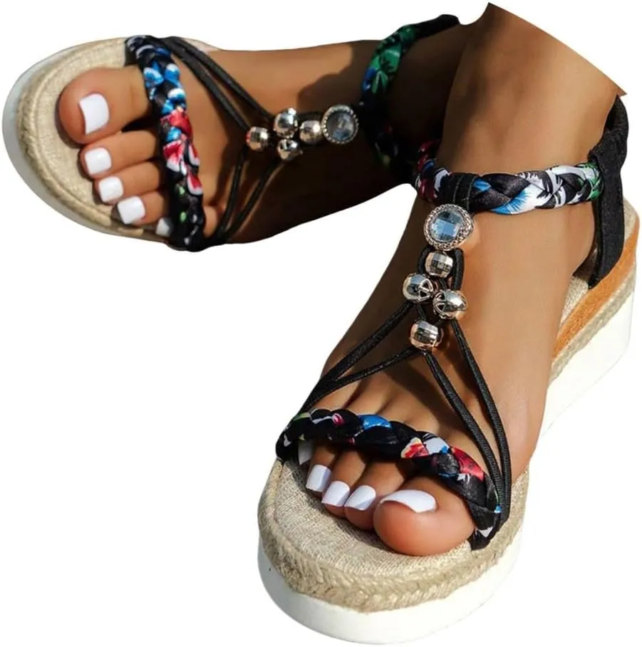 Womens Low Wedge Heels Sandals Shoes,Wide Width Platform Wedge Sandals for Women Summer Dressy,Comfort Walking Non Slip Casual Summer Beach Sandals Ankle Elastic Bohemian Woven Sandals
