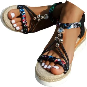 Womens Low Wedge Heels Sandals Shoes,Wide Width Platform Wedge Sandals for Women Summer Dressy,Comfort Walking Non Slip Casual Summer Beach Sandals Ankle Elastic Bohemian Woven Sandals
