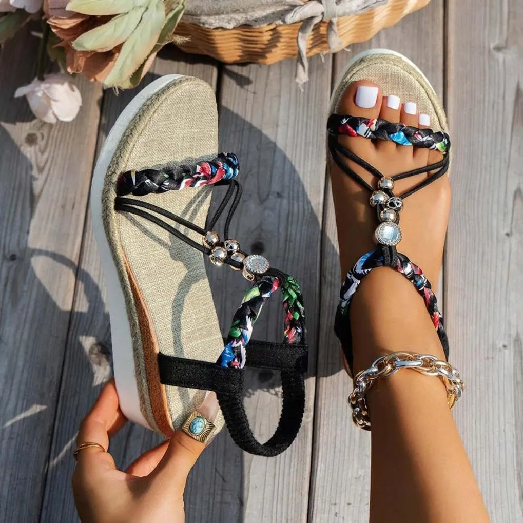 Womens Low Wedge Heels Sandals Shoes,Wide Width Platform Wedge Sandals for Women Summer Dressy,Comfort Walking Non Slip Casual Summer Beach Sandals Ankle Elastic Bohemian Woven Sandals