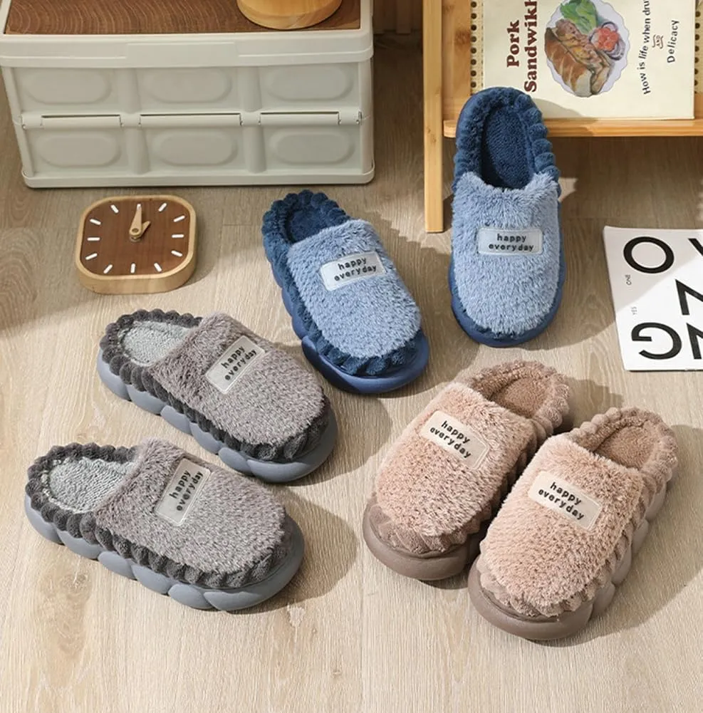 Womens Men Fuzzy Memory Foam Slippers Solid Fluffy Closed Toe Warm Winter Slippers Fur Cozy Platform Slide Slippers Comfy Soft Non-Slip House Shoes Indoor Outdoor