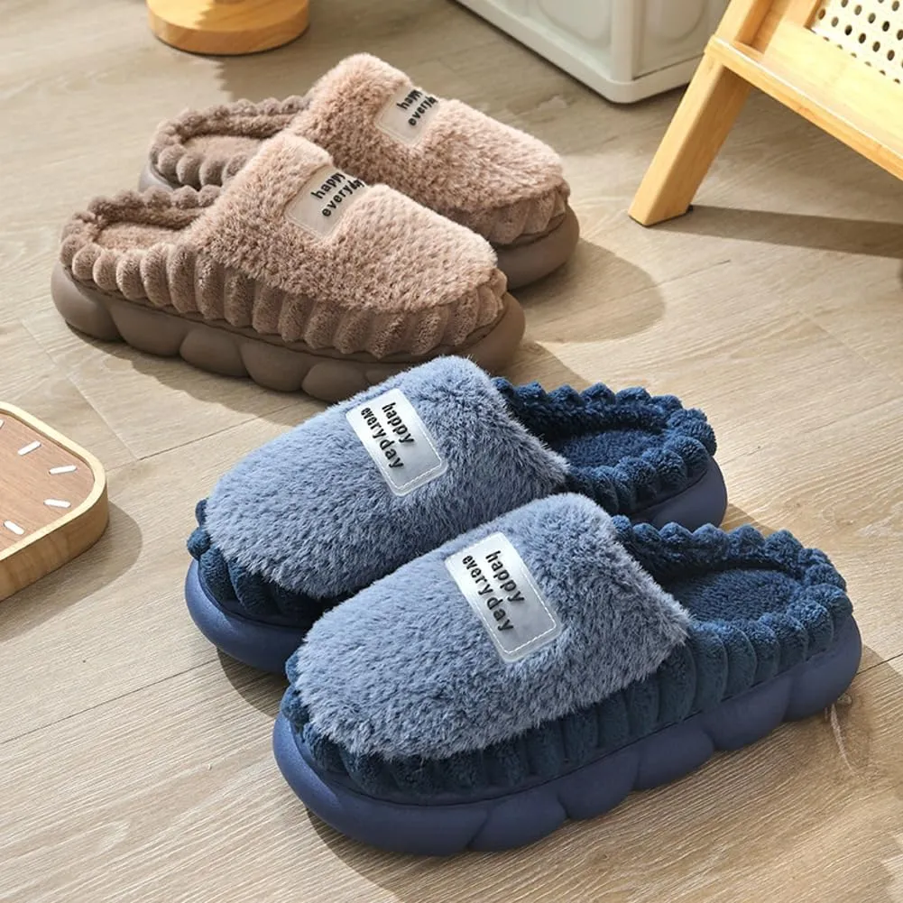 Womens Men Fuzzy Memory Foam Slippers Solid Fluffy Closed Toe Warm Winter Slippers Fur Cozy Platform Slide Slippers Comfy Soft Non-Slip House Shoes Indoor Outdoor