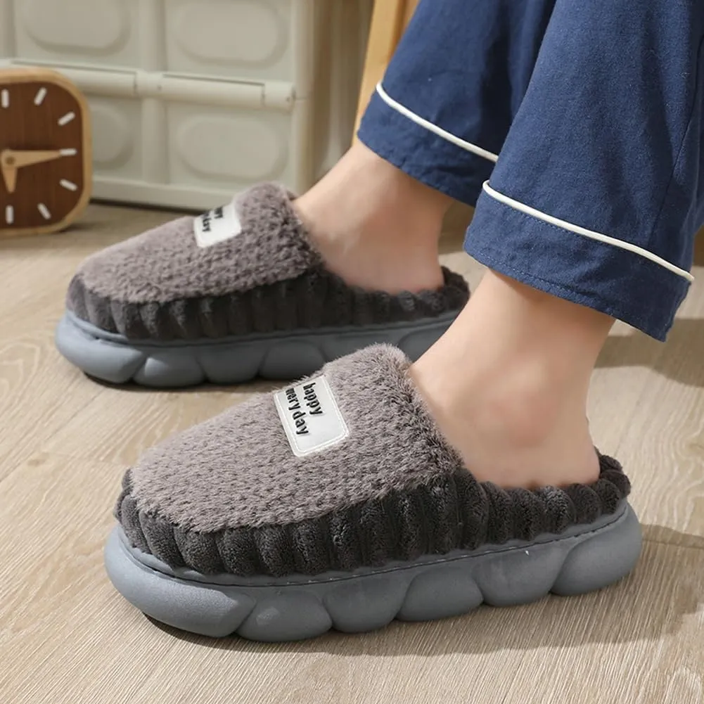 Womens Men Fuzzy Memory Foam Slippers Solid Fluffy Closed Toe Warm Winter Slippers Fur Cozy Platform Slide Slippers Comfy Soft Non-Slip House Shoes Indoor Outdoor