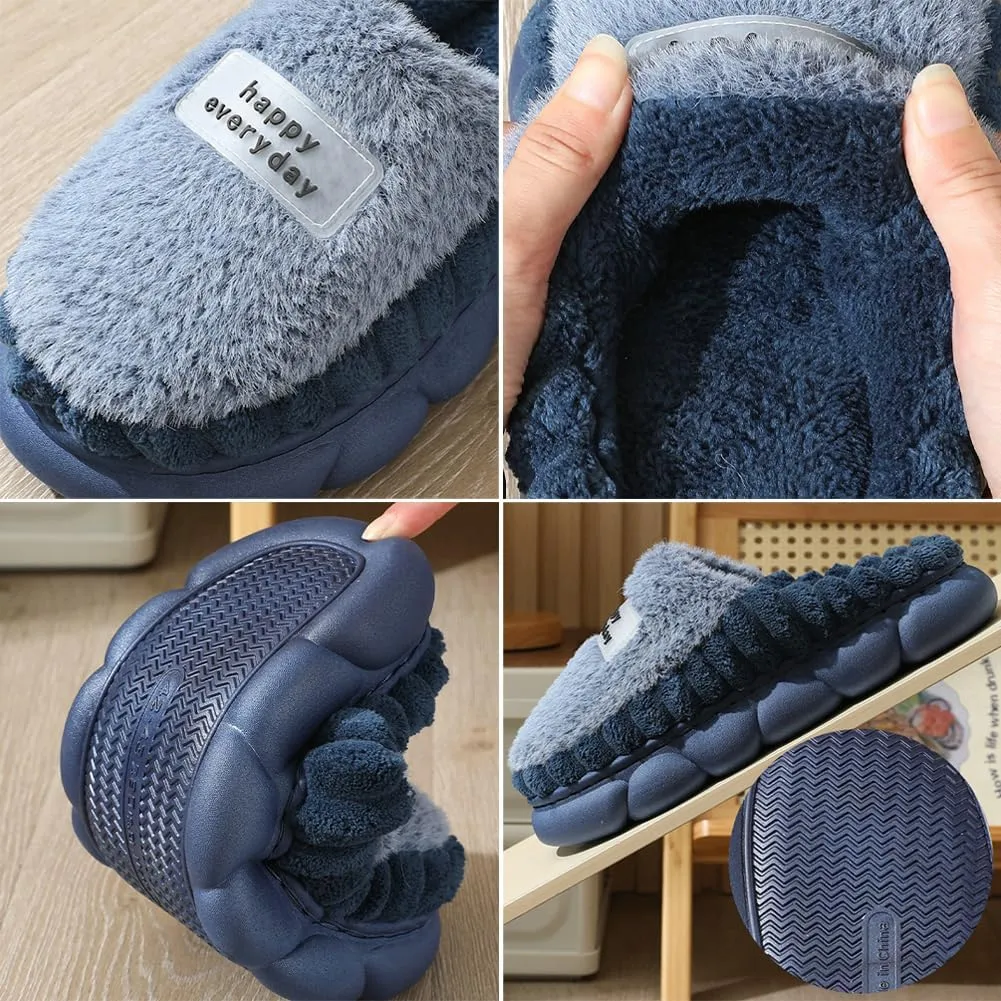 Womens Men Fuzzy Memory Foam Slippers Solid Fluffy Closed Toe Warm Winter Slippers Fur Cozy Platform Slide Slippers Comfy Soft Non-Slip House Shoes Indoor Outdoor