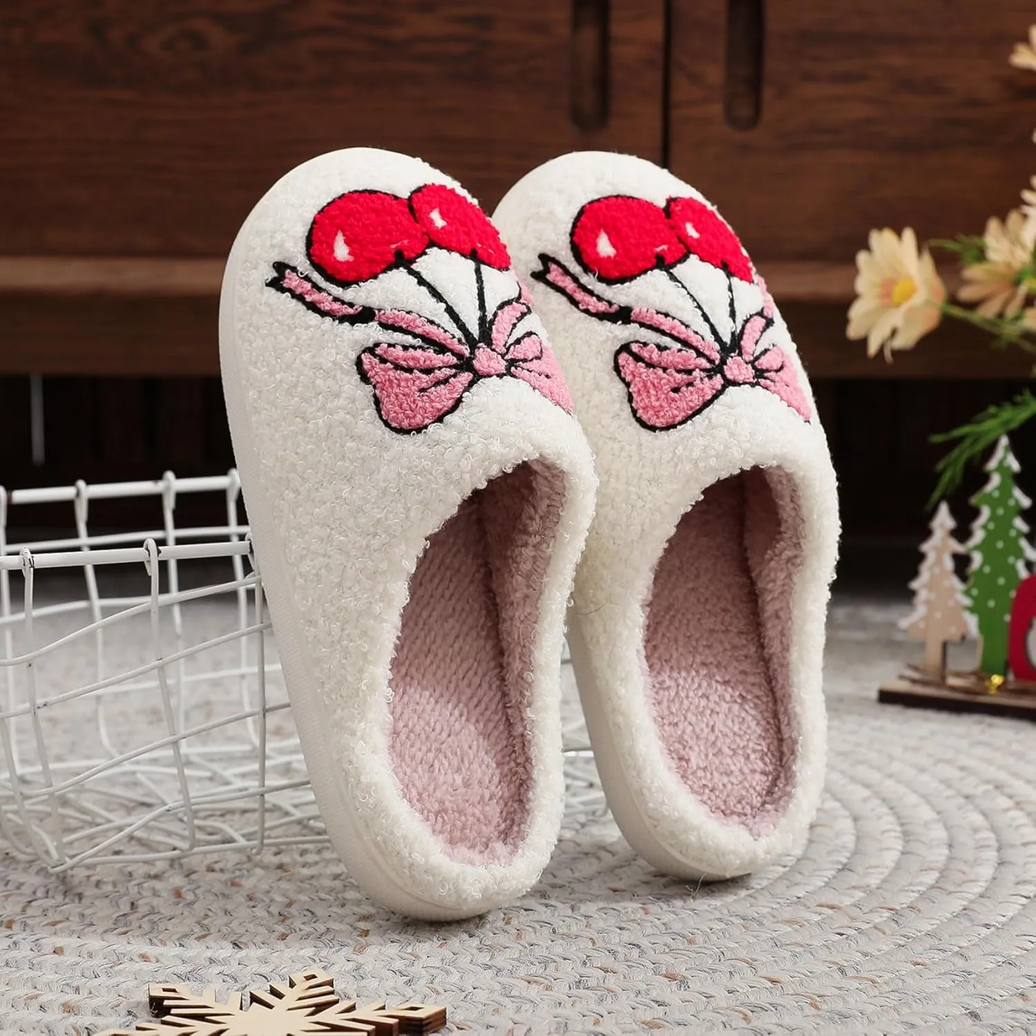 Womens Mens Plant Animal Fruit Slippers Retro Cozy Fluffy Plush Slipper Embroidered printing Warm Memory Foam Indoor Outdoor House Shoes